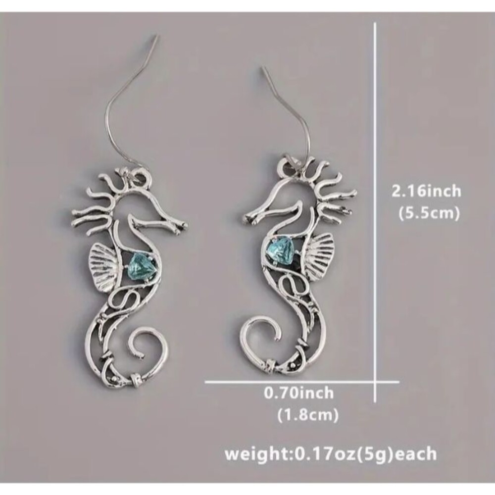 Silver Wire SEAHORSE Earrings Blue stone Hallow 2" - Picture 3 of 3